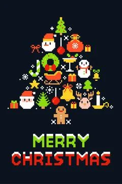 Pixel Art Christmas Tree Collage with Merry Christmas Greeting Illustrazione stock