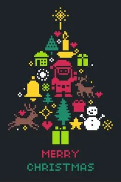 Pixel Art Christmas Tree Collage Made of Holiday Icons 스톡 일러스트