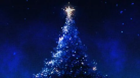 Pixel Art Christmas Tree with Glowing Star on Blue Background Stock Illustration