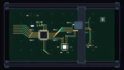 Pixel art circuit board scanning with microprocessor chips and data traces Stock Footage 347249797