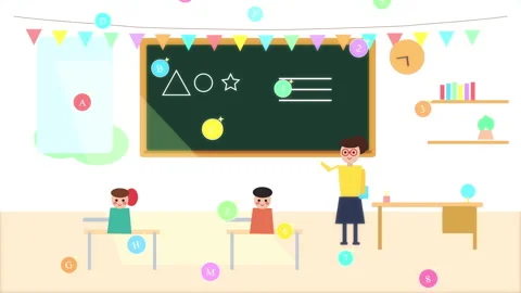 Pixel art classroom animation showing teacher and students learning Stock Footage 346543835