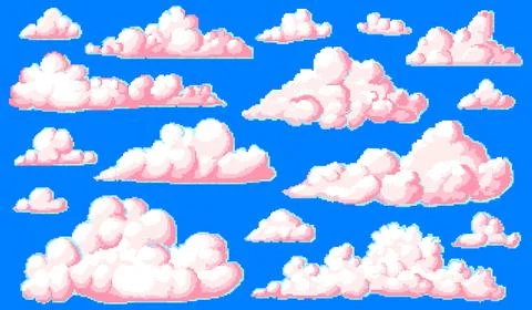 Pixel art cloud. 8 bit objects. Art, digital icons. Retro assets. Vintage game Illustrazione stock
