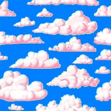 Pixel art cloud. Seamless pattern. 8 bit objects. Art, digital icons. Retro Stock Illustration