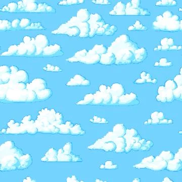 Pixel art cloud. Seamless pattern. 8 bit objects. Art, digital icons. Retro Stock Illustration