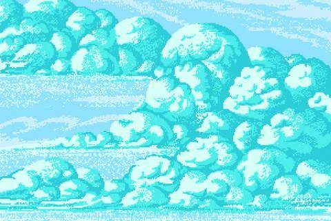 Pixel art clouds. 8 bit objects. Turquoise magic sky background. Retro game Illustrazione stock