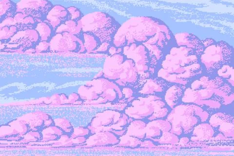 Pixel art clouds. 8 bit objects. Pink magic sky background. Retro game assets Illustrazione stock