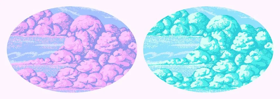 Pixel art clouds. 8 bit objects. Pink magic sky background. Retro game assets Stock Illustration