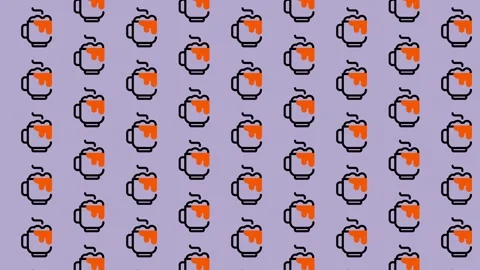 Pixel art coffee cups pattern on a light purple background, a seamless loop.. Stock Footage 325389344
