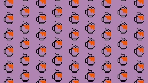 Pixel Art Coffee Cups Pattern on Purple Background. Stock Footage 325389428