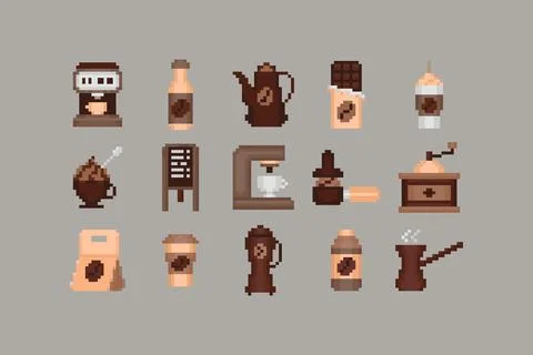 Pixel art coffee equipment, drinks, desserts, and cafe accessories collection Stock Illustration