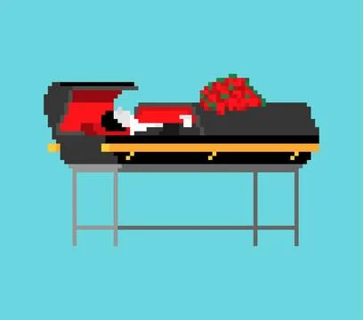 Pixel art coffin with candles. Stylized 8-bit funeral setup on a blue backg.. Illustrazione stock