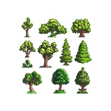 Pixel art collection of various tree types. Vector illustration design. Stock Illustration