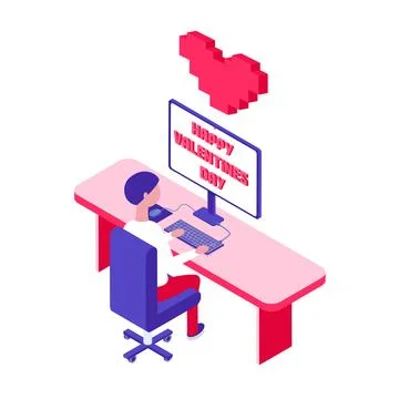 Pixel art computer and love message happy Valentines day. Online love Stock Illustration