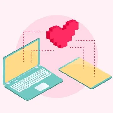 Pixel art computer and love message. Online love communication using laptop Stock Illustration