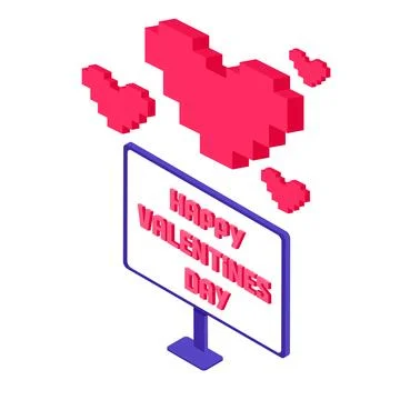 Pixel art computer and love message happy Valentines day. Online love Stock Illustration