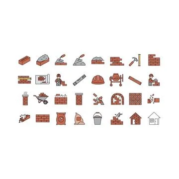 Pixel art construction masonry building worker tools icon set Stockillustratie