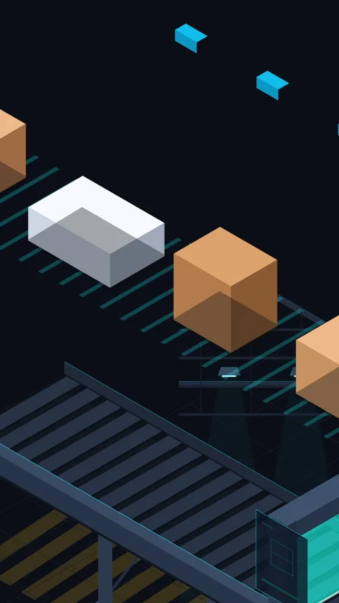 Pixel art conveyor belt moving boxes in factory animation loop Stock Footage 346550679