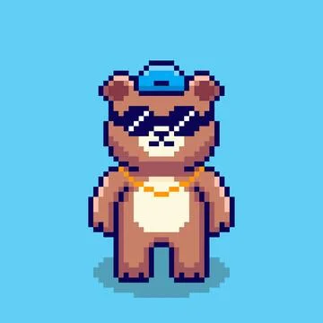 Pixel art Cool Bear with Cap and Sunglasses game asset design Stock Illustration