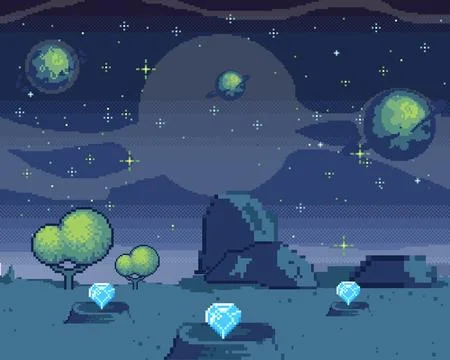 Pixel art cosmic area, game location. Scene with fantastic planets in outer Stock Illustration