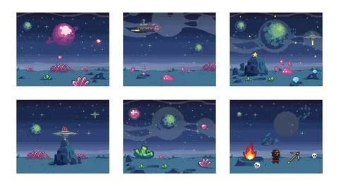 Pixel art cosmic area, game location. Scene with fantastic planets in outer Stockillustratie