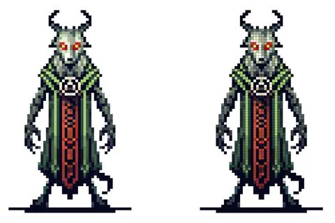 A pixel art creature with glowing red eyes horns and a robe evoking dark fa.. Stock Illustration