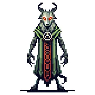 A pixel art creature with glowing red eyes horns and a robe evoking dark fa.. Stock Illustration