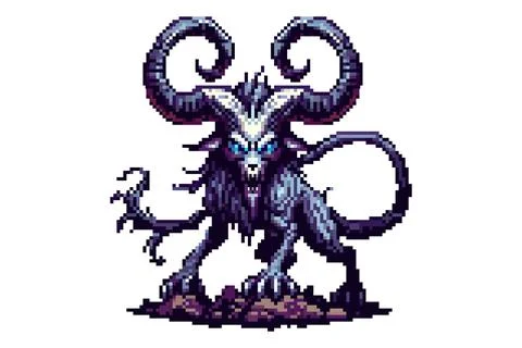 Pixel art creature with large curved horns glowing blue eyes and a snarling.. Stock Illustration