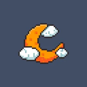 Pixel art Crescent Moon with Clouds game asset Stock Illustration