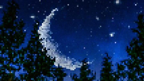 Pixel art crescent moon over pine tree forest silhouettes Stock-Illustration