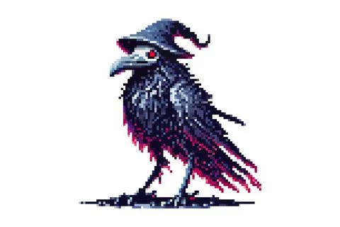 Pixel art of a crow with a witch's hat, giving it a mystical and magical ap.. Stock Illustration