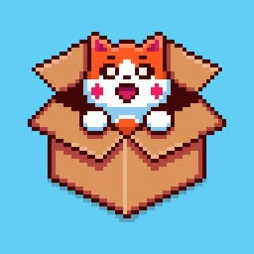 Pixel art Cute Cat in a Box game asset design Stock Illustration