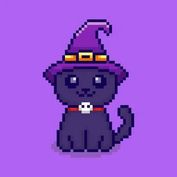 Pixel art cute cat with witch hat game asset design Stock Illustration
