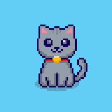 Pixel art cute grey cat game asset design Stock Illustration