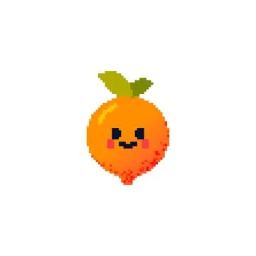 Pixel art cute orange fruit character. Smiling pixelated happy orange with Stock Illustration