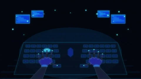 Pixel art cyber hacker typing on futuristic keyboard with holographic displays Stock Footage 347250102