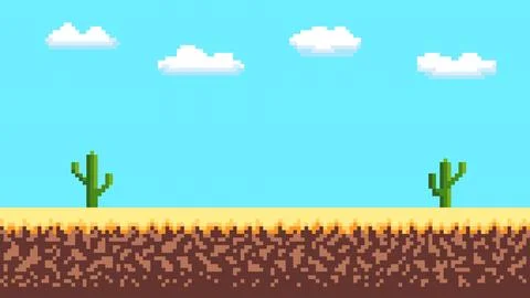 Pixel art desert landscape with cactus sand blue sky and clouds retro game backg Stockillustratie