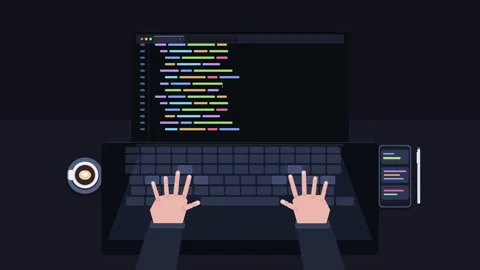 Pixel art developer typing code on laptop keyboard animation loop 스톡 동영상 346739447
