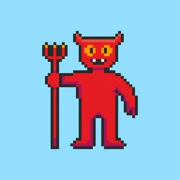 Pixel art Devil Character Holding Trident game asset design Stock Illustration