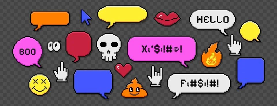 Pixel art dialogue boxes, speech bubbles with swearwords, heart, fire flame Stock Illustration
