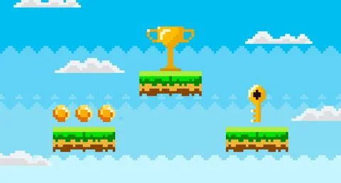 Pixel Art Digital Game Assets with Trophy, Key, and Coins on Floating Platf.. イラスト素材