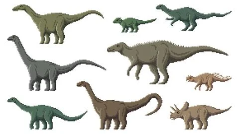 Pixel art dino characters, 8 bit game dinosaurs Stock Illustration