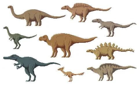 Pixel art dinosaur characters, 8 bit game animals Stock Illustration