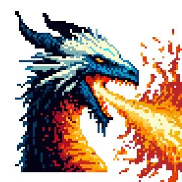 A pixel art dragon with sharp horns and scales emits vibrant flames from it.. Ilustración de archivo