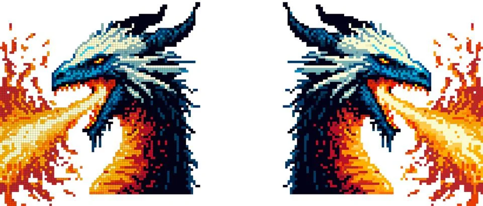 A pixel art dragon with sharp horns and scales emits vibrant flames from it.. Ilustración de archivo