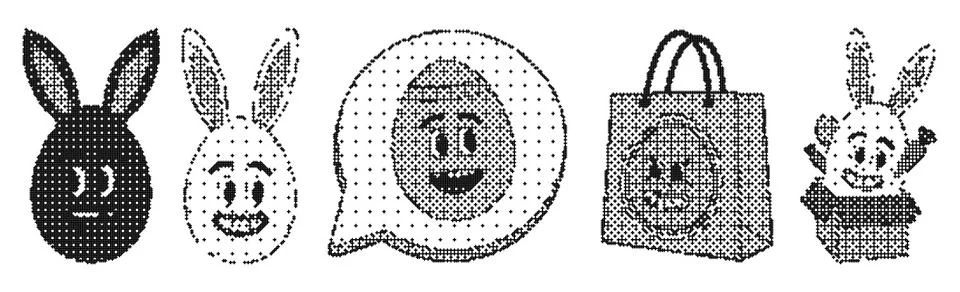 Pixel art Easter bunny collection with funny expressive faces. This dithere.. Illustrazione stock