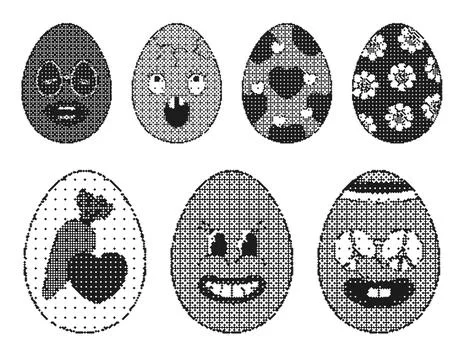 Pixel art Easter egg characters with retro dithered patterns. This monochro.. Illustrazione stock