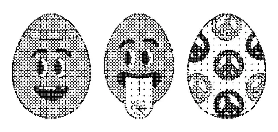 Pixel art Easter egg characters with dithered faces and peace sign patterns.. Illustrazione stock