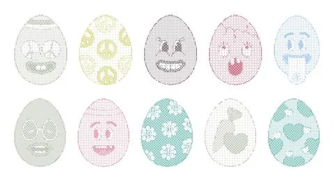 Pixel art Easter egg collection with expressive faces and holiday patterns... Illustrazione stock