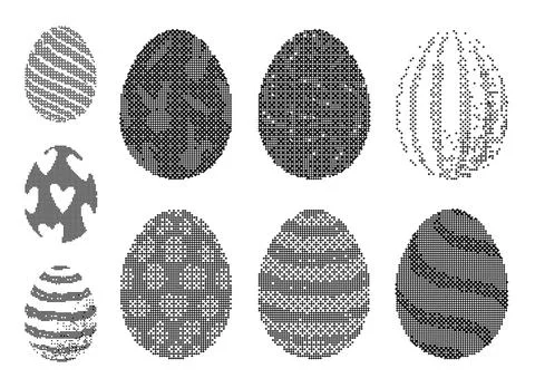Pixel art Easter eggs collection with dithered patterns. This monochrome bi.. Illustrazione stock