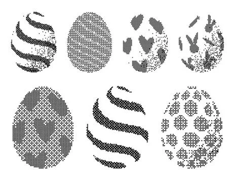 Pixel art Easter eggs with dithered patterns. This monochrome set features .. Illustrazione stock